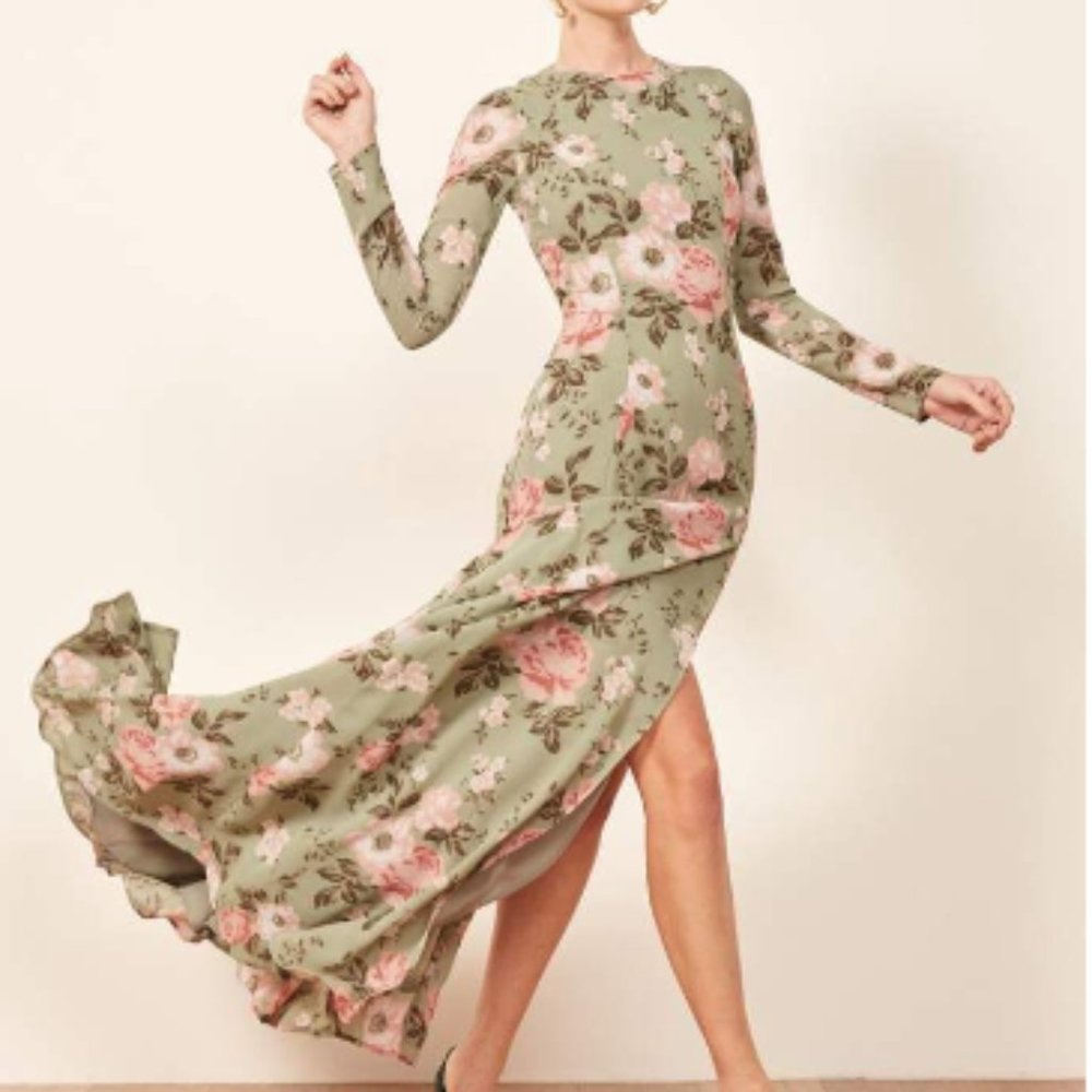 Reformation Sage Green Floral Maxi Dress with Pink Roses